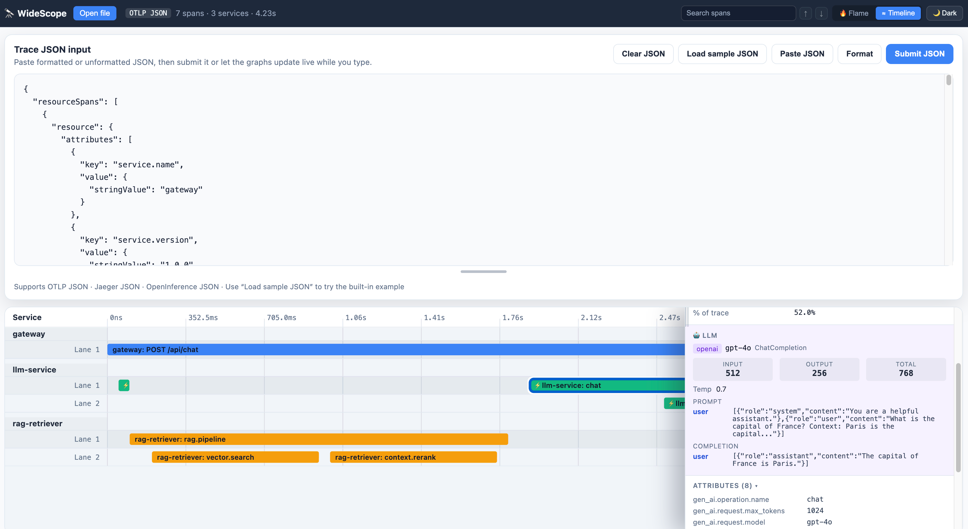 Widescope interface for inspecting a captured AI trace